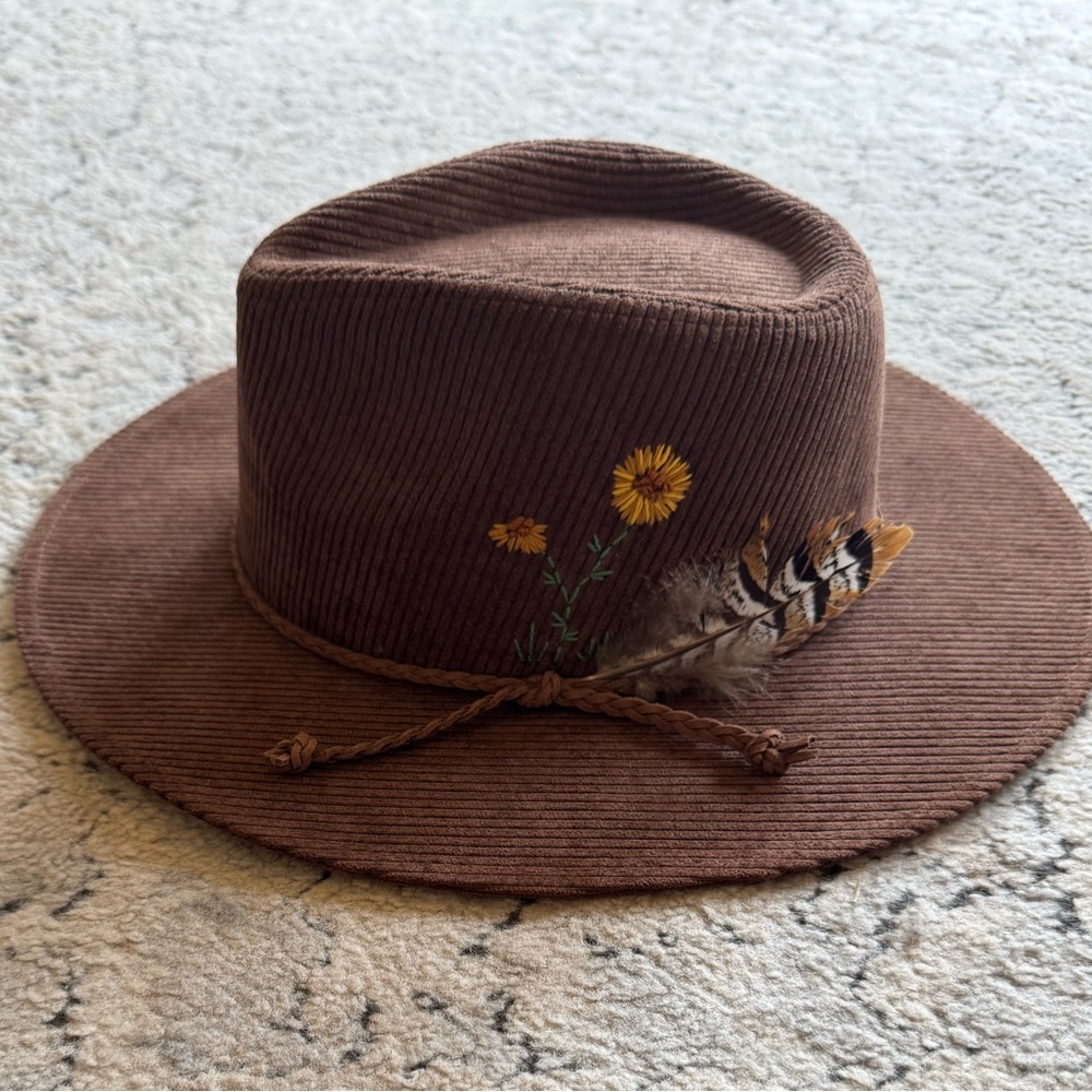 Embroidered Brown Corduroy Hat with Floral and Feather Accents